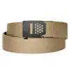 Adjustable beige belt with textured strap and black buckle for casual wear and accessories.