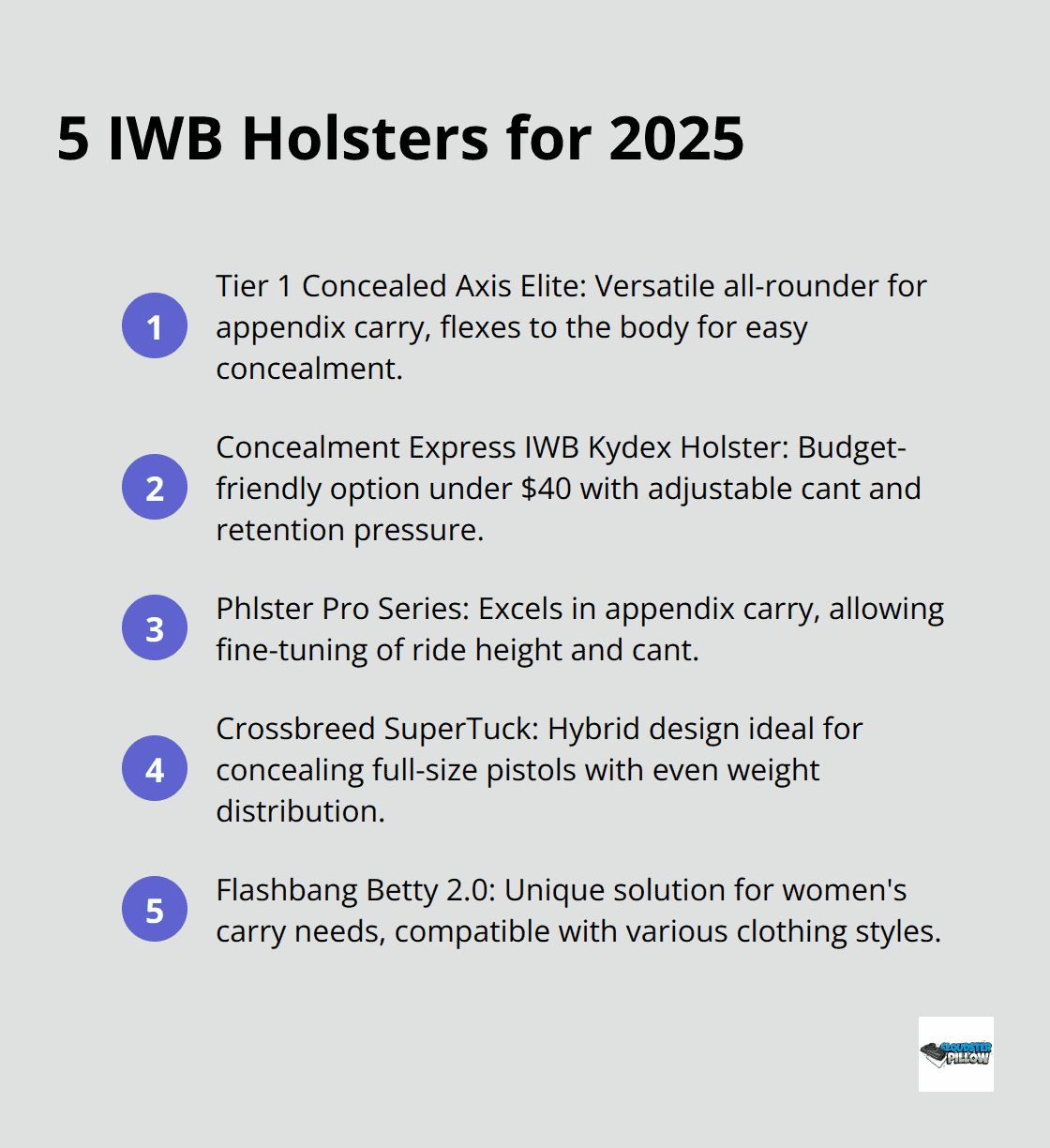 An ordered list chart showing the top 5 IWB holsters for 2025: Tier 1 Concealed Axis Elite, Concealment Express IWB Kydex Holster, Phlster Pro Series, Crossbreed SuperTuck, and Flashbang Betty 2.0.
